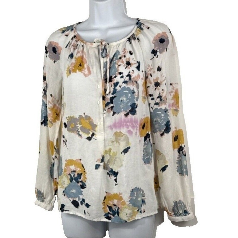 Lucky Brand Floral Peasant Blouse Women XS White Boho Viscose 7W43576 Long Sleev